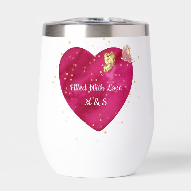 Golden Butterfly Pink Heart Valentine Wine Tumbler (Frente)