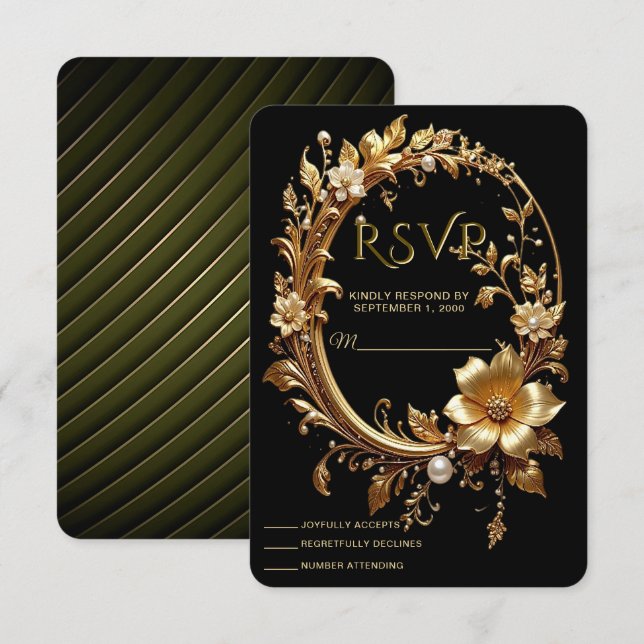 Golden Floral Ornate Frame RSVP Card (Anverso / Reverso)