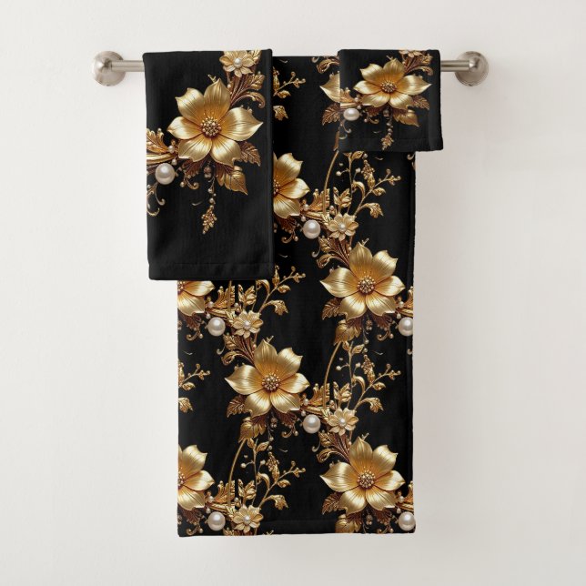 Golden Floral Ornate Towel Set (In situ)