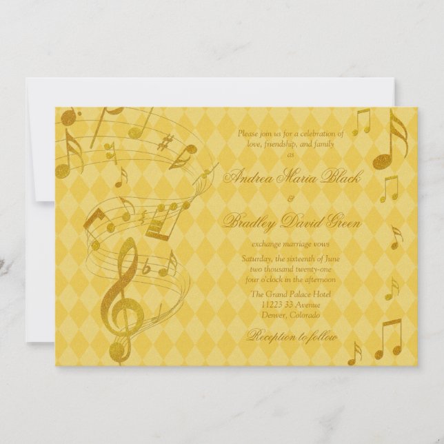 Golden Harlequin Music Notes Wedding Invitación (Anverso)