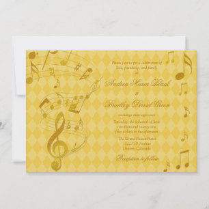 Golden Harlequin Music Notes Wedding Invitación
