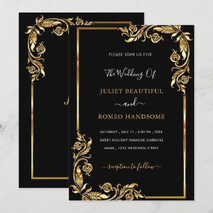 Golden Leaves Floral Black Gold Wedding Invitación