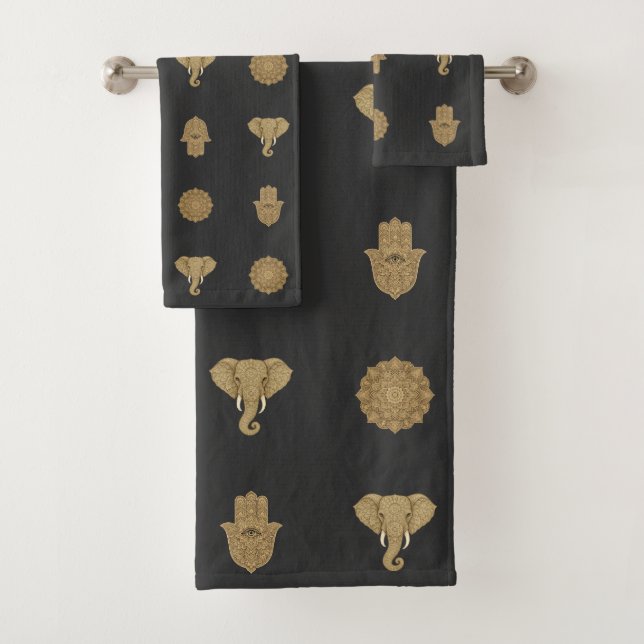 Golden Mandala Elephant Hamsa Hand -Boho Art Print (In situ)