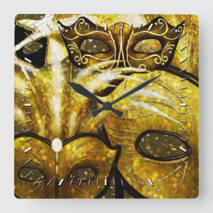 Golden Mardi Gras máscaras reloj de pared