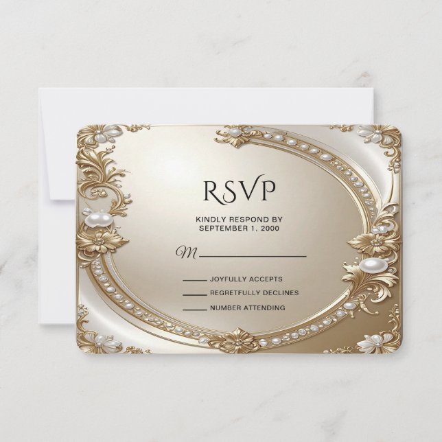 Golden Ornate Frame with Pearls RSVP Card (Anverso)