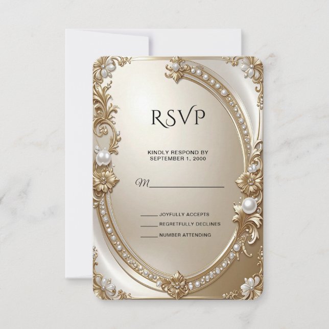 Golden Ornate Frame with Pearls RSVP Card (Anverso)