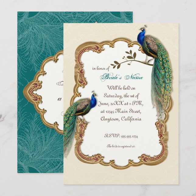 Golden Peacock & Calligraphy Swirls Invitación (Anverso / Reverso)