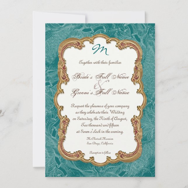 Golden Peacock & Calligraphy Swirls Invitación (Anverso)