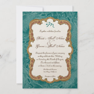 Golden Peacock & Calligraphy Swirls Invitación