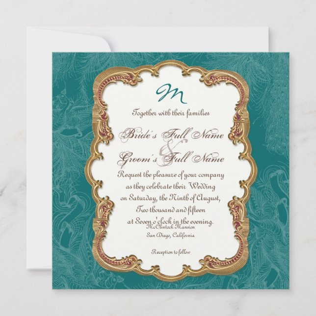 Golden Peacock & Calligraphy Swirls Invitación (Anverso)