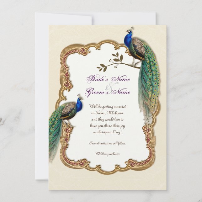 Golden Peacock & Calligraphy Swirls Invitación (Anverso)