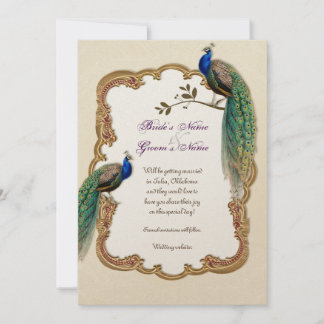 Golden Peacock & Calligraphy Swirls Invitación