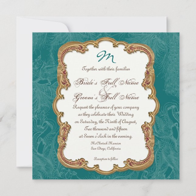Golden Peacock & Calligraphy Swirls Invitación (Anverso)