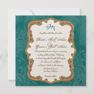 Golden Peacock & Calligraphy Swirls Invitación