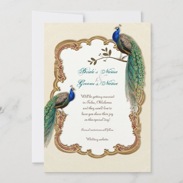Golden Peacock & Calligraphy Swirls Invitación (Anverso)