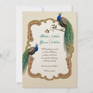 Golden Peacock & Calligraphy Swirls Invitación