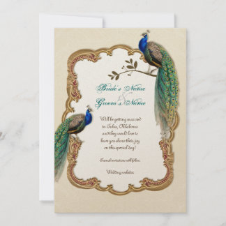 Golden Peacock & Calligraphy Swirls Invitación