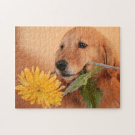 Golden Retriever con rompecabezas florales