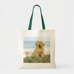 Golden retriever en la bolsa de asas de la playa