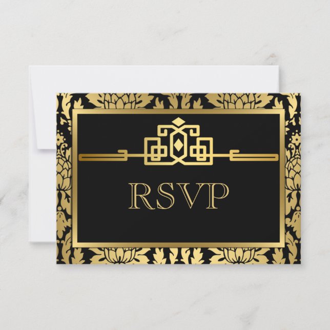 Golden Romance Art Deco Tarjeta RSVP V2 (Anverso)