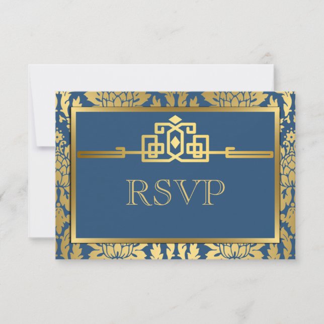 Golden Romance Art Deco Tarjeta RSVP V2 | VERDE AZ (Anverso)