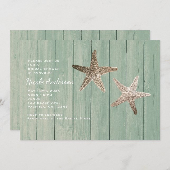 Golden Starfish & Wood Elegant Invitaciones a la P (Anverso / Reverso)