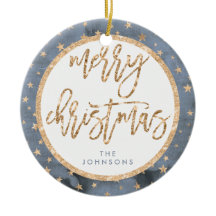 Golden Stars Feliz Navidad Ornamento Cerámico