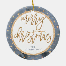 Golden Stars Feliz Navidad Ornamento Cerámico