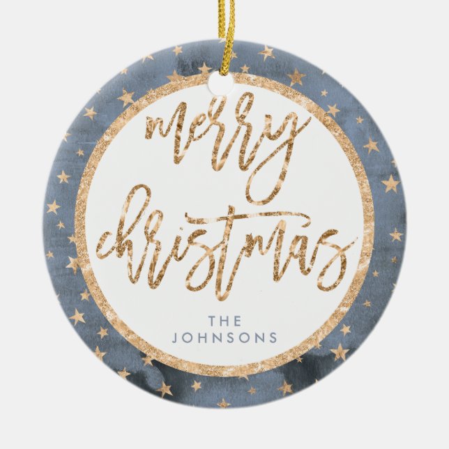 Golden Stars Feliz Navidad Ornamento Cerámico (Frente)