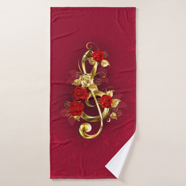 Golden Treble Clef con flores Rosas (Toalla de baño)
