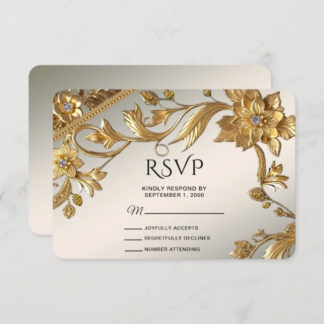 Golden Wavy deja tarjeta RSVP floral (Anverso / Reverso)