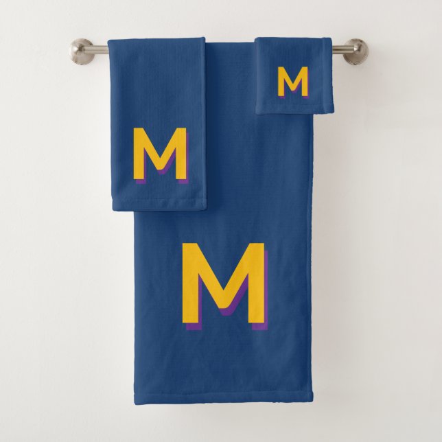 Golden Yellow Monogram on Dark Blue Bath Towel Set (In situ)