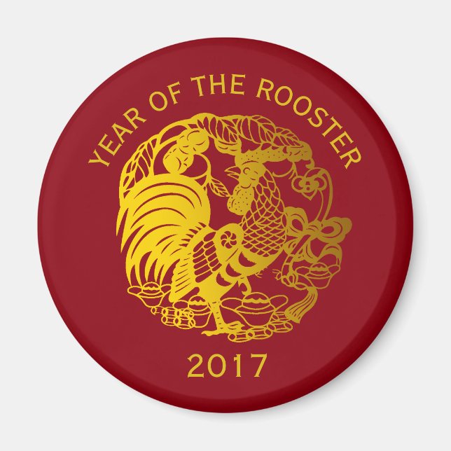 Golden Zodiac 2017 Rooster Año imán de ronda (Frente)
