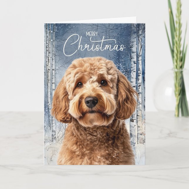 Goldendoodle Perro Bosque Nevado Invierno Navidad (Anverso)