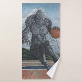 Golem de piedra que juega las toallas de baño del