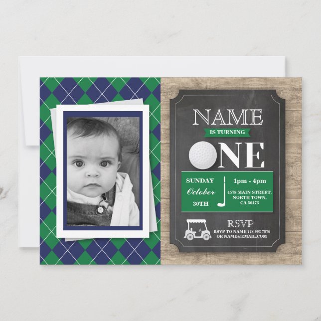 Golf 1º Primer 1er 1er cumpleaños foto invitación (Anverso)