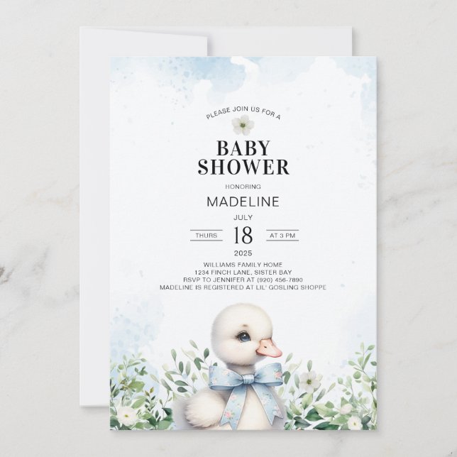 Goose con Bow Blue Boy Invitación de Baby Shower (Anverso)