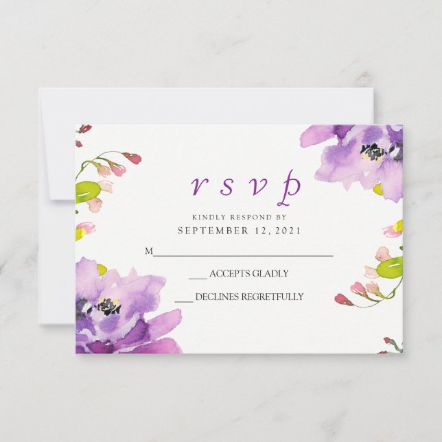 Gorgoous Purple Floral Wedding Invitado RSVP (Anverso)