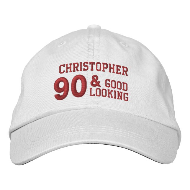 Gorra Bordada 90 cumpleaños con fuerza BLANCO y RED V01F6 (Anverso)