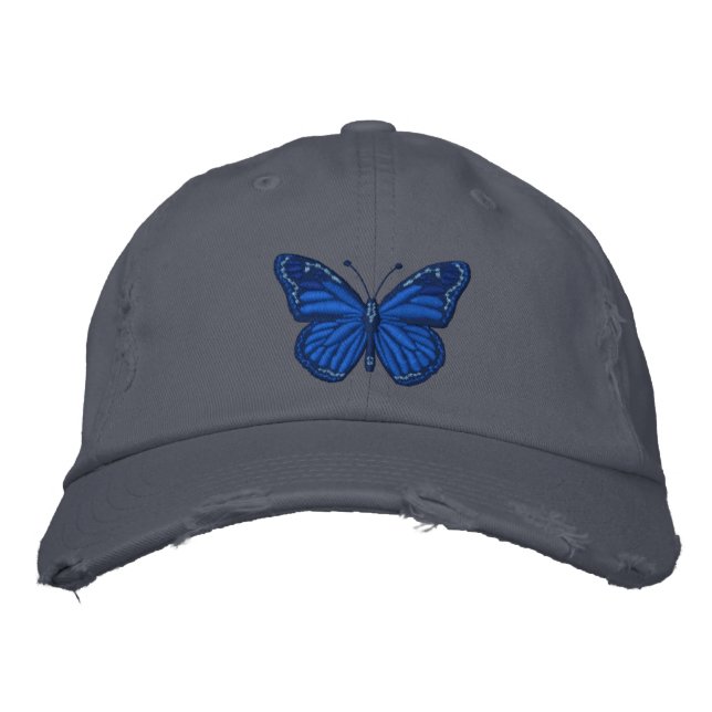 Gorra Bordada Azul sobre mariposa monarca azul (Anverso)