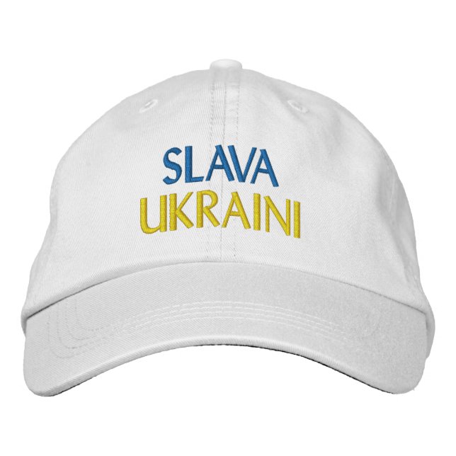 Gorra Bordada Blanco amarillo azul SLAVA UCRANIA "Gloria a Ucran (Anverso)