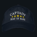 Gorra Bordada Capitán Náutico Nombre Barco Estrellas de Oro Azul<br><div class="desc">Navegar con estilo con un gorra bordado personalizado con su capitán o cualquier otro título deseado junto con su nombre o nombre de barco y cinco estrellas de oro. Varios colores de tapón e hilo de discusión entre los que elegir. Hace un gran regalo personalizado para el Día del Padre,...</div>