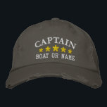 Gorra Bordada Capitán Náutico Nombre Barco Estrellas de Oro Dolo<br><div class="desc">Navegar con estilo con un gorra bordado personalizado con su capitán de rango u otro título deseado junto con su nombre o nombre de barco en plata y cinco estrellas de oro. Varios colores de tapón e hilo de discusión entre los que elegir. Hace un gran regalo personalizado para el...</div>