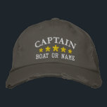 Gorra Bordada Capitán Náutico Nombre Barco Estrellas de Oro Dolo<br><div class="desc">Navegar con estilo con un gorra bordado personalizado con su capitán de rango u otro título deseado junto con su nombre o nombre de barco en plata y cinco estrellas de oro. Varios colores de tapón e hilo de discusión entre los que elegir. Hace un gran regalo personalizado para el...</div>