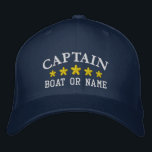 Gorra Bordada Capitán Náutico Nombre Barco Navy Estrella Dorada<br><div class="desc">Navegar con estilo con un gorra bordado personalizado con su capitán de rango u otro título deseado junto con su nombre o nombre de barco en plata y cinco estrellas de oro. Varios colores de tapón e hilo de discusión entre los que elegir. Hace un gran regalo personalizado para el...</div>