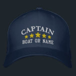 Gorra Bordada Capitán Náutico Nombre Barco Navy Estrella Dorada<br><div class="desc">Navegar con estilo con un gorra bordado personalizado con su capitán de rango u otro título deseado junto con su nombre o nombre de barco en plata y cinco estrellas de oro. Varios colores de tapón e hilo de discusión entre los que elegir. Hace un gran regalo personalizado para el...</div>