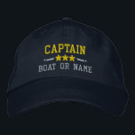 Gorra Bordada Capitán Su Nombre De Barco Estrellas Náuticas Plat<br><div class="desc">Navegar con estilo con un gorra bordado personalizado con su rango de capitán u otro título, su nombre o nombre de barco y estrellas. Varios colores de tapón e hilo de discusión entre los que elegir. Hace un gran regalo personalizado para el Día del Padre, el Día de la Madre...</div>