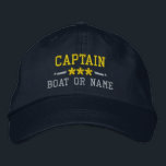 Gorra Bordada Capitán Su Nombre De Barco Estrellas Náuticas Plat<br><div class="desc">Navegar con estilo con un gorra bordado personalizado con su rango de capitán u otro título, su nombre o nombre de barco y estrellas. Varios colores de tapón e hilo de discusión entre los que elegir. Hace un gran regalo personalizado para el Día del Padre, el Día de la Madre...</div>