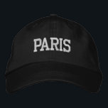 Gorra Bordada El bordado blanco de PARIS en negro<br><div class="desc">GORRA de algodón negro con bordado de PARIS blanco. Hace un regalo maravilloso para cualquiera que ame París Francia! Si prefiere tener su texto personal, simplemente seleccione el botón "Personalizar esta plantilla" para introducir su elección de texto personalizado. El bordado también es personalizable a otras opciones de color seleccionando el...</div>