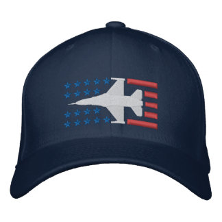 Gorra Bordada F-16 Luchadores Estrellas Jet y tiras Rojo Azul Bl